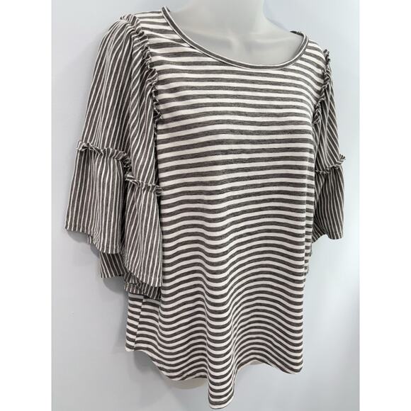 GiGiO Women's M Black White Striped Peasant Top Bell Sleeve Ruffle Boho Blouse - Picture 2 of 11